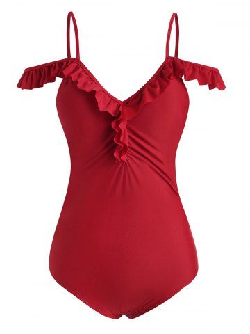 Flounces Ruched Open Shoulder One-piece Swimsuit - DEEP RED - S
