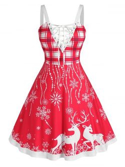 Plus Size Christmas Elk Snowflake Lace-up Backless Dress - RED - L