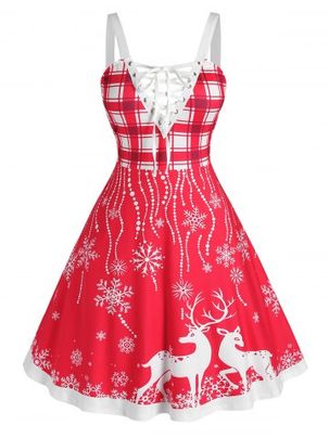 Plus Size Christmas Elk Snowflake Lace-up Backless Dress