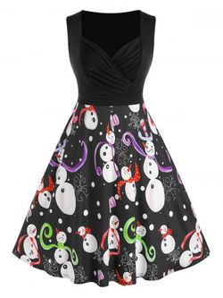 Plus Size Ruched Snowman Print Flare Dress - BLACK - 1X