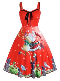 Plus Size Christmas Santa Claus Elk Gift Backless Tie Dress - RED - L