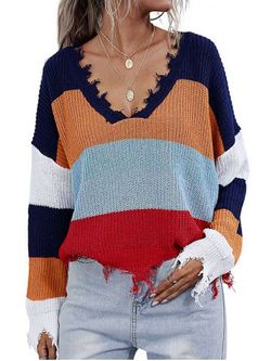 V Neck Colorblock Distressed Trim Oversized Sweater - BLUE - S
