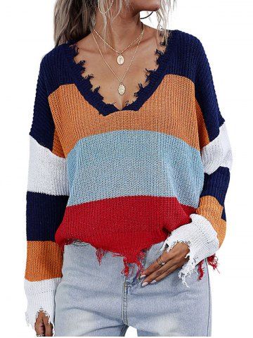 V Neck Colorblock Distressed Trim Oversized Sweater - BLUE - M