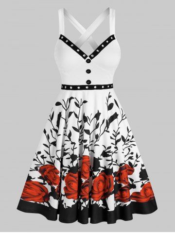 Sleeveless Mock Button Rose Flower Print Dress - MULTI-A - L