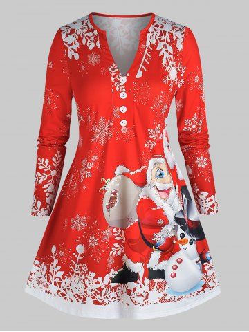 Plus Size Santa Snowman Print Buttons T Shirt - RED - 4X