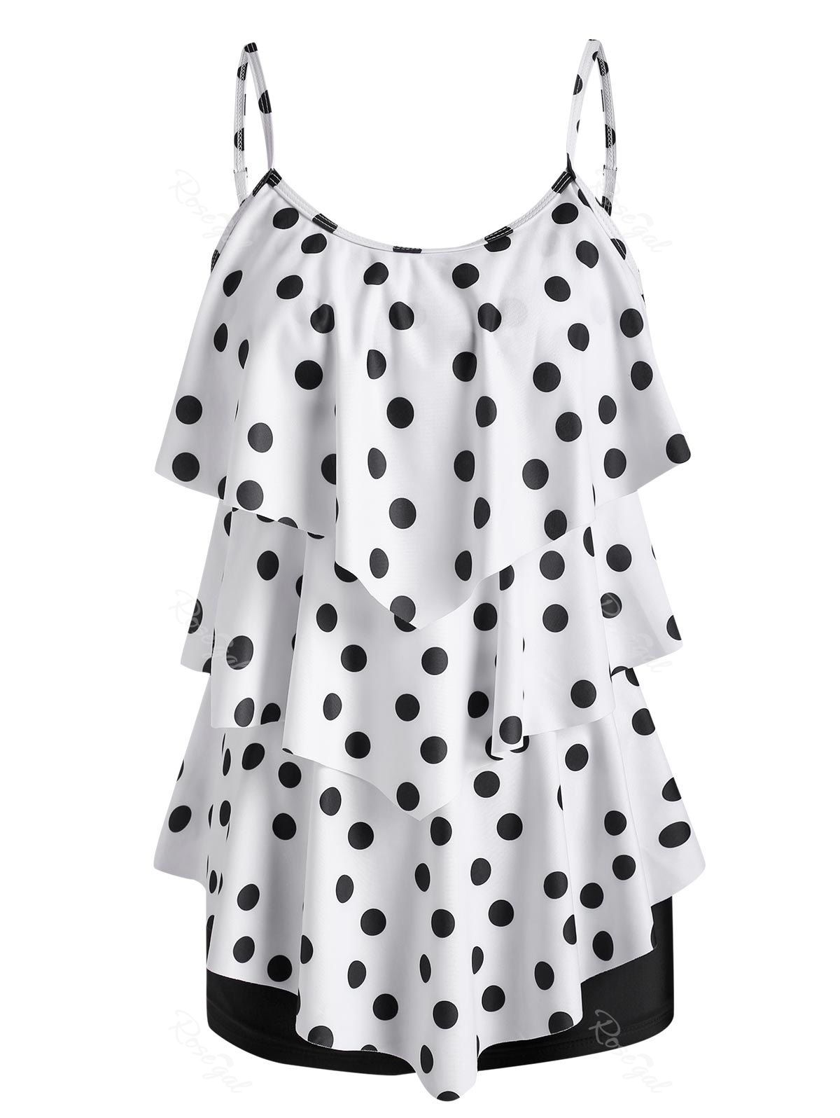 

Polka Dot Feather Print Layered Flounces Tankini Swimwear, Black