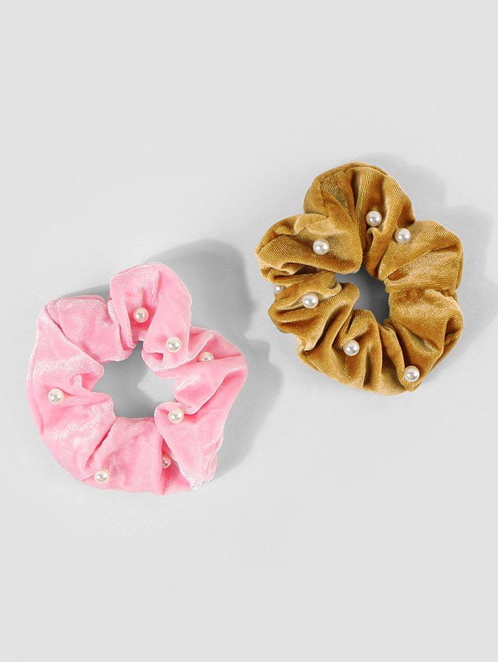 

2Pcs Velour Fabric Artificial Pearl Scrunchies Set, Multi-a