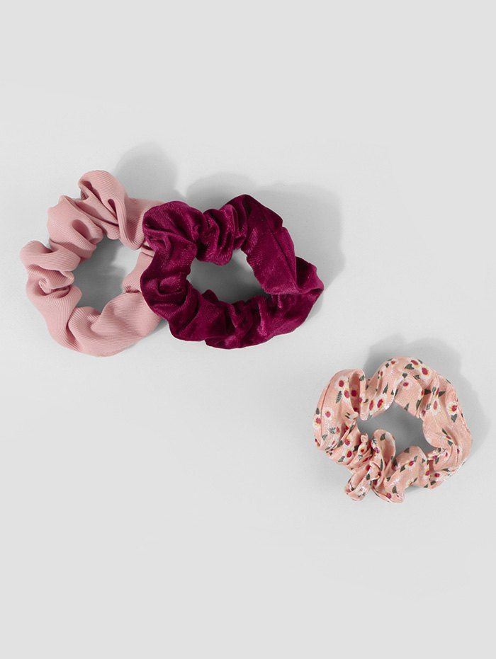 

3Pcs Solid Velour Flower Print Scrunchies Set, Multi-a