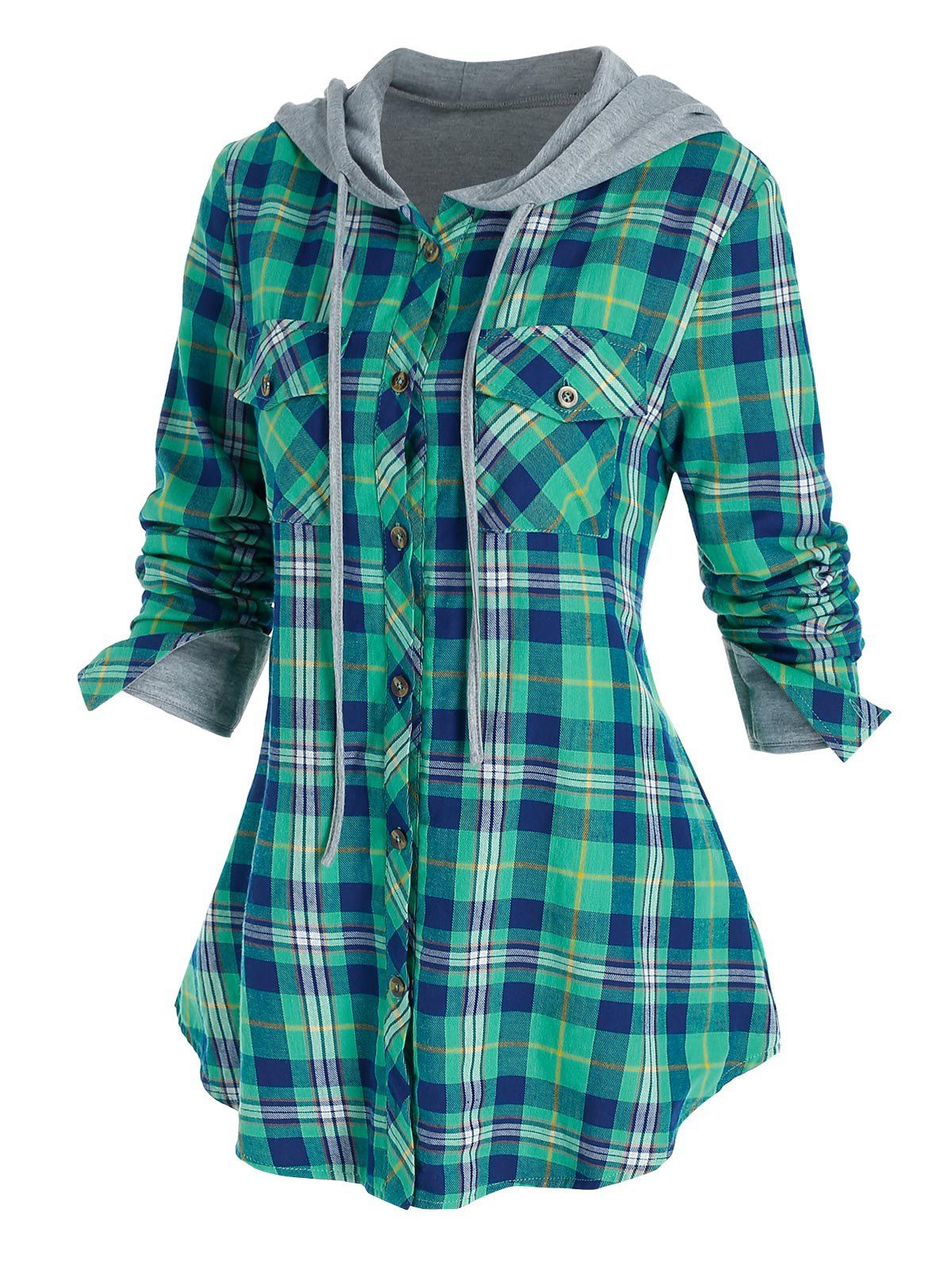 

Hooded Double Pockets Plaid Print Shirt, Multi-a