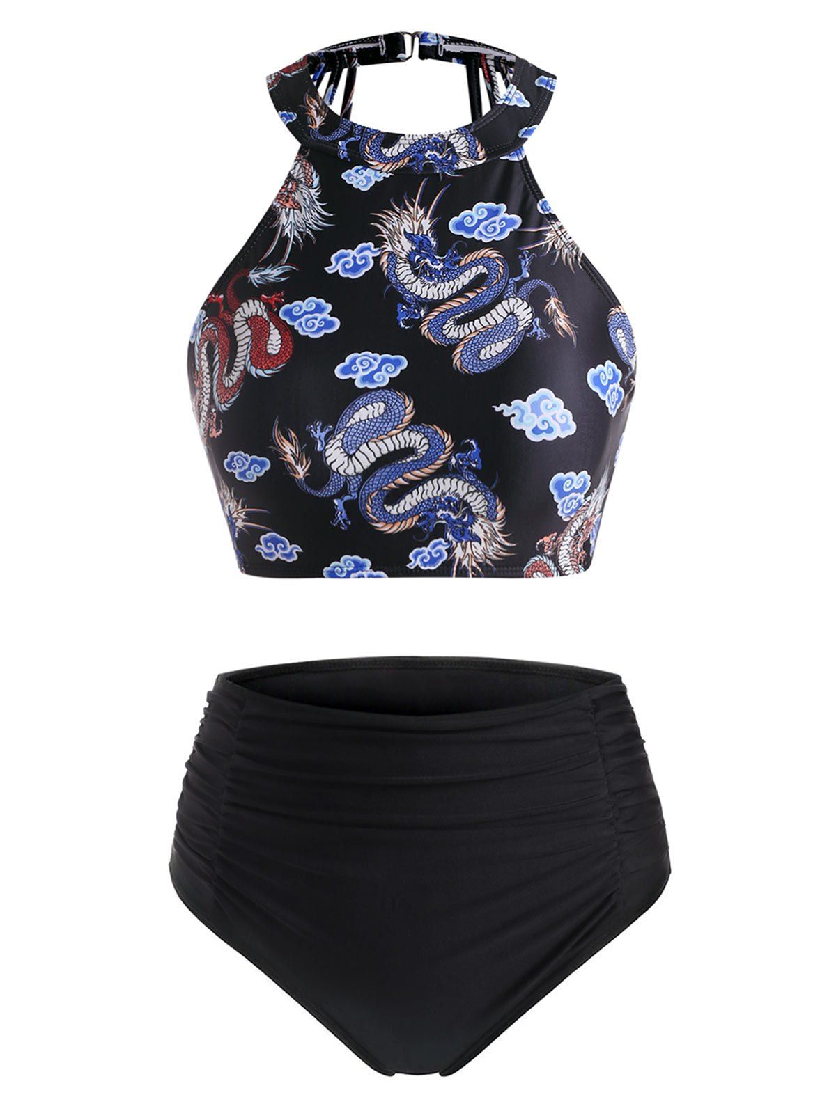 

Chinese Dragon Print High Neck Ruched High Waisted Tankini Swimwear, Black