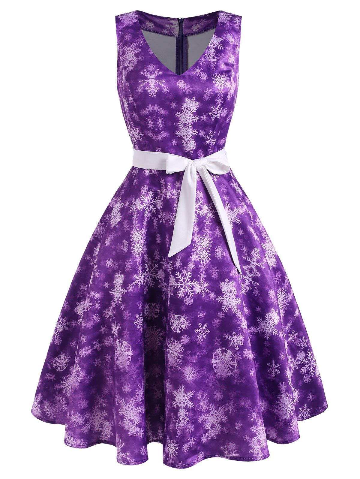 

Christmas Snowflake V Neck Belted Dress, Purple