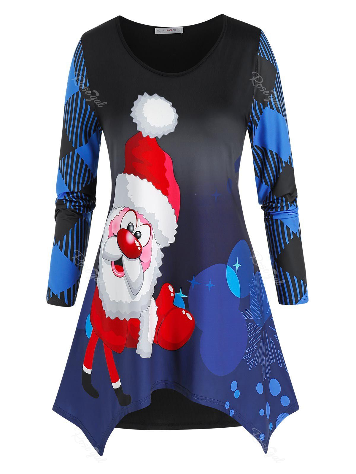 T-shirt Echarpe Père Noël et Flocon de Neige de Grande Taille Bleu L