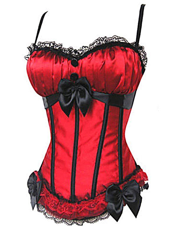 

Lace Trim Bowknot Lace-up Boned Overbust Satin Corset Set, Red