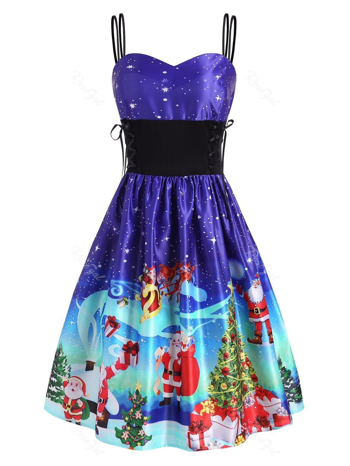 

Christmas Tree Elk Santa Claus Lace Up Dress, Blue