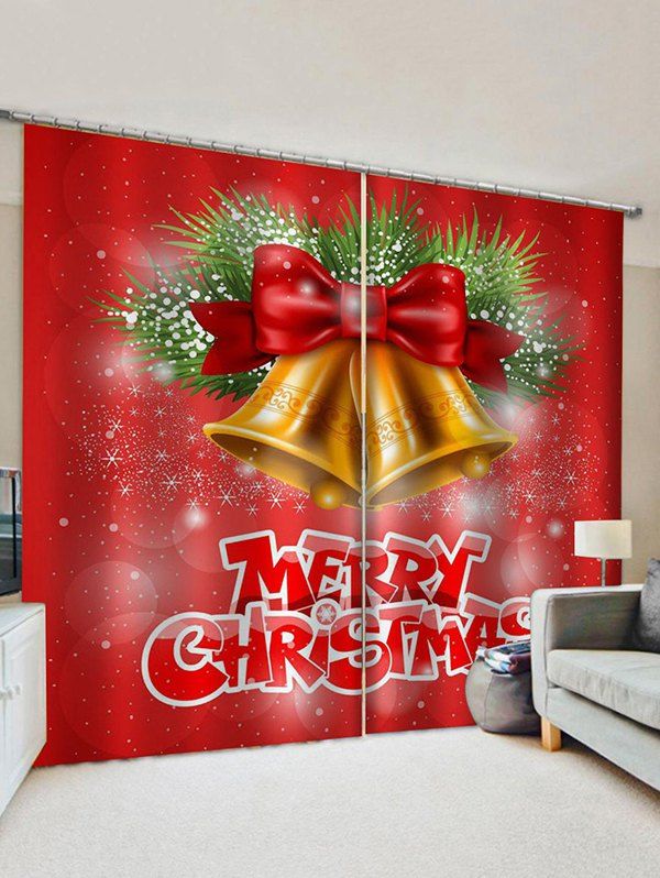 Hot 2 Panels Christmas Bells Bowknot Letters Print Window Curtains  