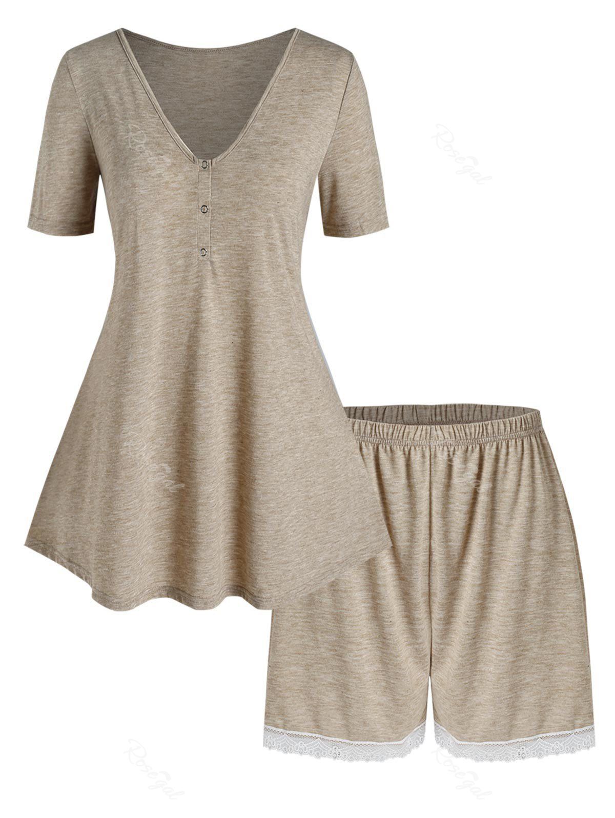 

Plus Size Henley Tee and Lace Trim Shorts Pajamas Set, Tan