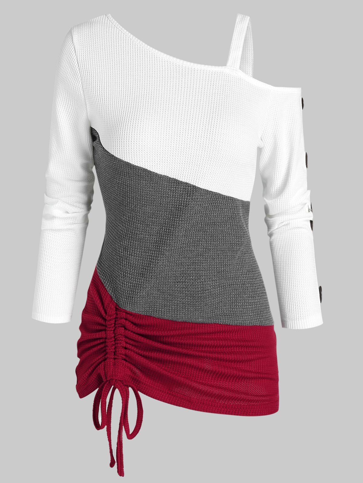 

Colorblock Cold Shoulder Drawstring Hem Knitted T Shirt, Multi-b