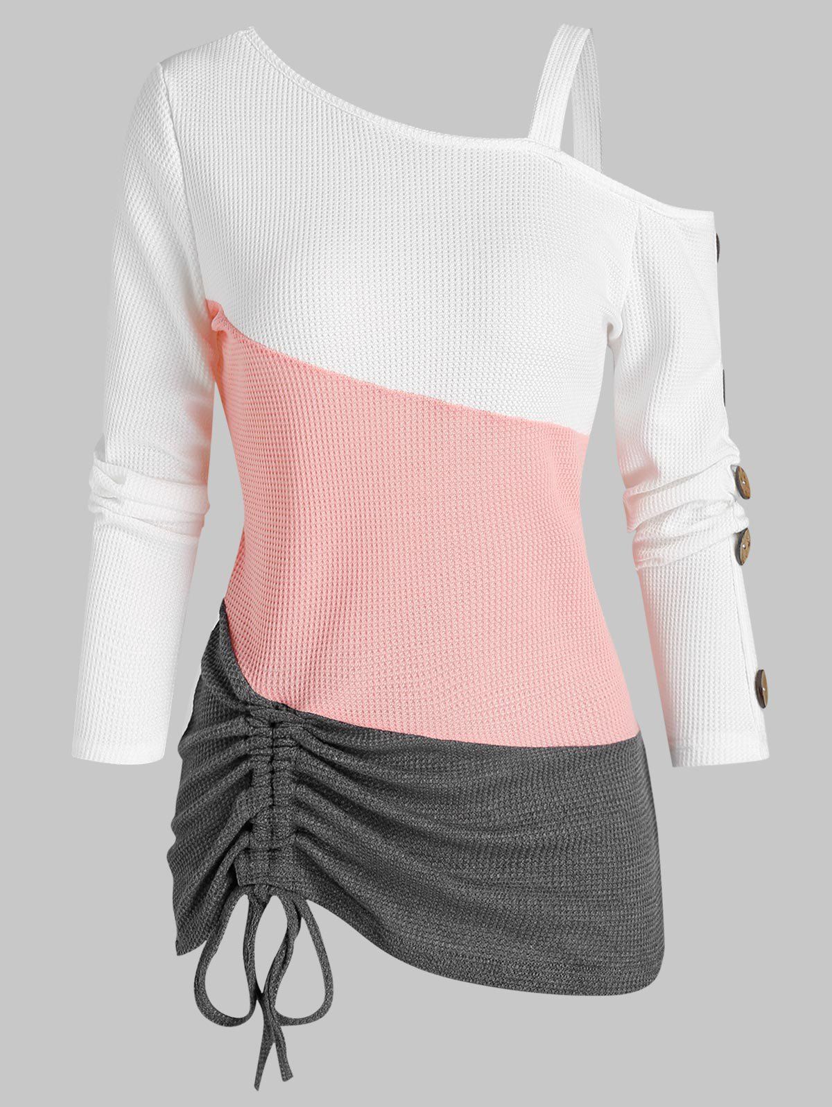 

Colorblock Cold Shoulder Drawstring Hem Knitted T Shirt, Multi-d