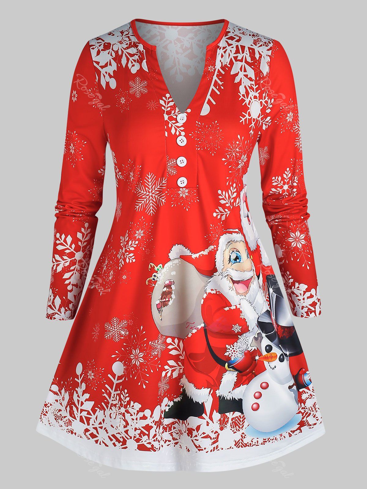 Best Plus Size Santa Snowman Print Buttons T Shirt  