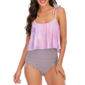 

Striped Tie Dye Tie Shoulder Tummy Control Tankini Swimwear, Light purple