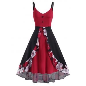 

Floral Panel Overlay High Low Sleeveless Dress, Deep red