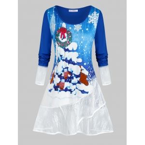 

Plus Size Christmas Snowflake Socks Lace Hem Skirted Tee, Blue
