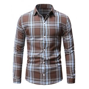 

Plaid Casual Button Up Long Sleeve Shirt, Coffee