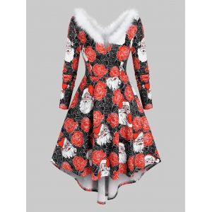 

Plus Size Santa Flower Print Faux Fur Collar Dress, Multi