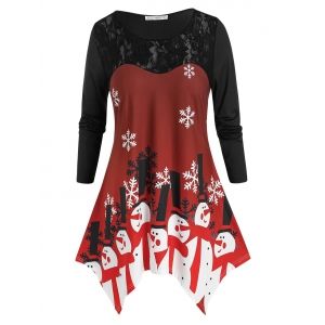 

Plus Size Christmas Hanky Hem Snowman Snowflake Lace Panel Tee, Black