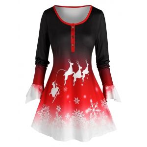 

Plus Size Christmas Ombre Elk Snowflake A Line Tunic Tee, Red