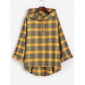 

Plus Size Plaid Hooded High Low Top, Yellow