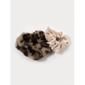 

2Pcs Leopard Fluffy Faux Pearl Velour Scrunchie Set, Multi a