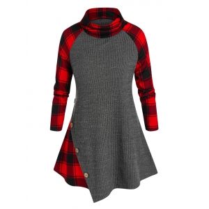 

Plus Size Plaid Raglan Sleeve Asymmetrical Sweater, Battleship gray
