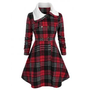 

Plus Size Checked Faux Fur Collar Skirted Tunic Coat, Cherry red