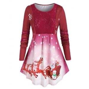 

Plus Size Christmas Elk Claus Lace Panel Curved Hem Tee, Red