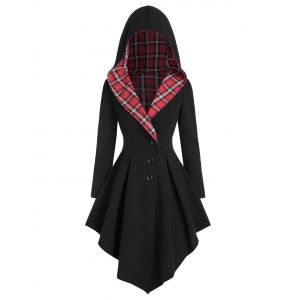 

Hooded Plaid Lace Up Asymmetric Coat, Black