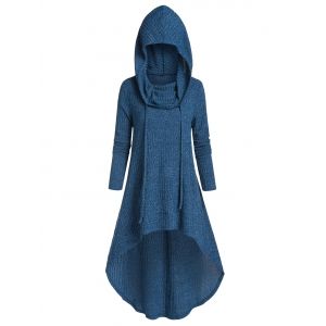 

Hooded High Low Long Knitwear, Silk blue