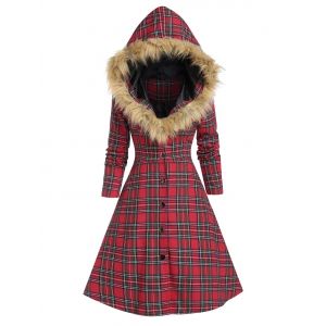 

Faux Fur Insert Hooded Lace Up Plaid Coat, Cherry red