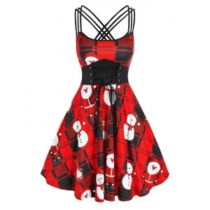 

Santa Snowman Print Lace Up Strappy Dress, Red