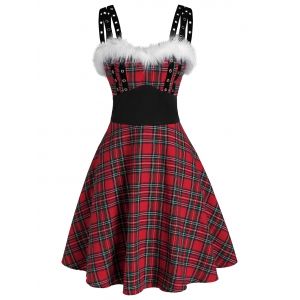 

Plaid Print Sleeveless Faux Fur Insert Flare Dress, Lava red