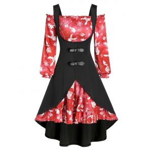 

Christmas Printed Off Shoulder Dress and Buckles High Low Top Set, Multi a