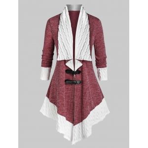 

Plus Size Two Tone Buckles Cable Knit Cardigan, Red wine