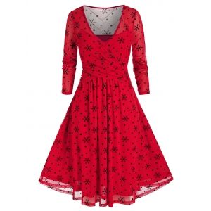 

Plus Size Crossover Christmas Snowflake Print Mesh Dress, Red