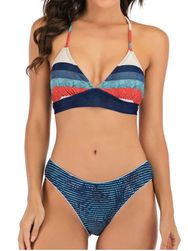 Leaf Print Striped Mix and Match Bikini Swimwear - MULTI