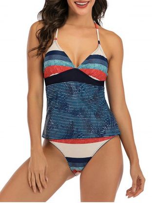 Stripes Colorblock Lace Up Back Tankini Swimwear