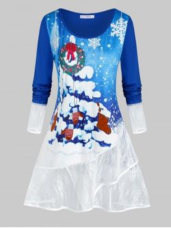 Talla grande Tamaño Navidad Calcetines de copo de nieve Encaje Hem ondulado Camiseta - BLUE - L