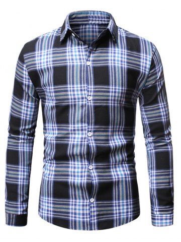 Plaid Casual Button Up Camisa de manga larga - BLUE - S