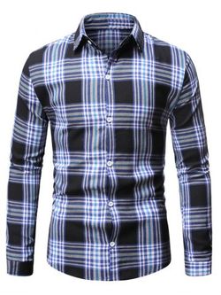 Plaid Casual Button Up Camisa de manga larga - BLUE - M