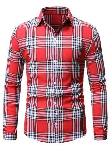 Plaid Casual Button Up Camisa de manga larga - RED - S