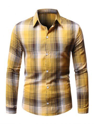 Button Up Plaid Print Shirt - YELLOW - S